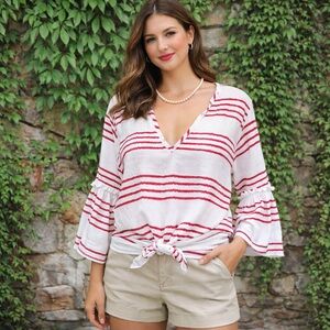 LAVENDER FIELD Red and White Striped Tie Front Bell Sleeve Blouse, L